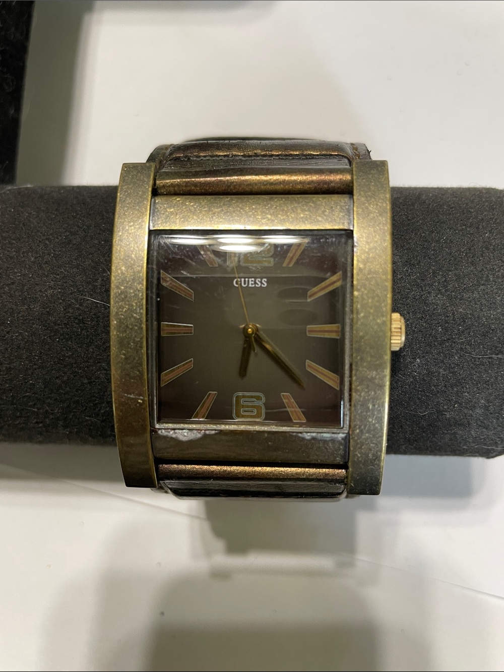 GUESS Men's Brown Dial Gold-Tone Wide Bracelet Watch.  Needs Battery.